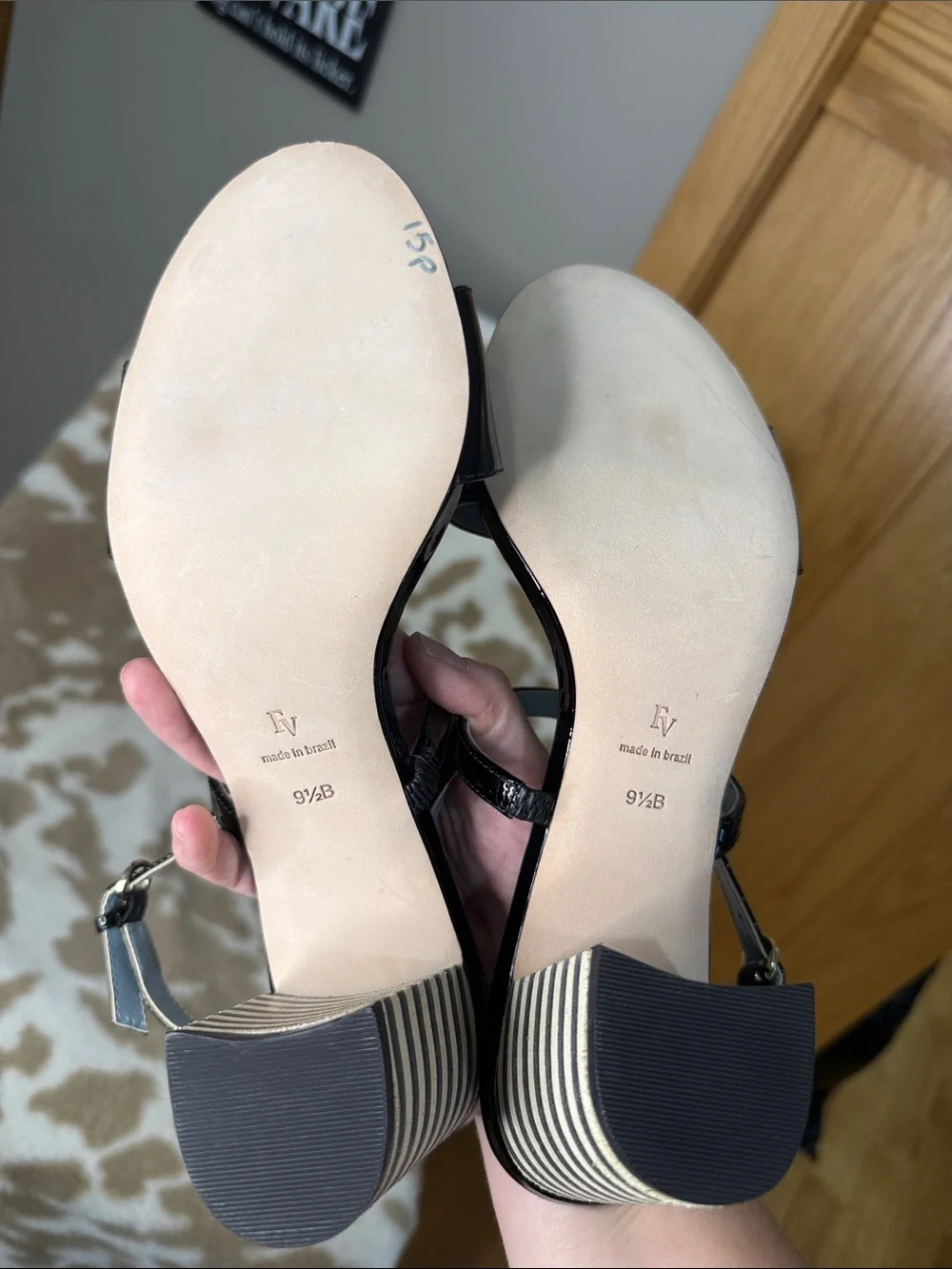 Francis Valentine Patent Black Slingback Sandals with Striped Block Heel - Picture 4 of 5
